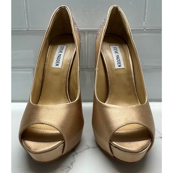 Steve Madden Peep-toe Platform Pumps Heels, Gold Satin, Rhinestones, Size 7, NIB - Picture 2 of 10